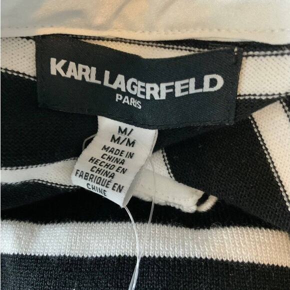 Karl Lagerfeld Top Womens Medium Striped Sweater Lace Neck Ruffle Sleeve Keyhole - Picture 10 of 12